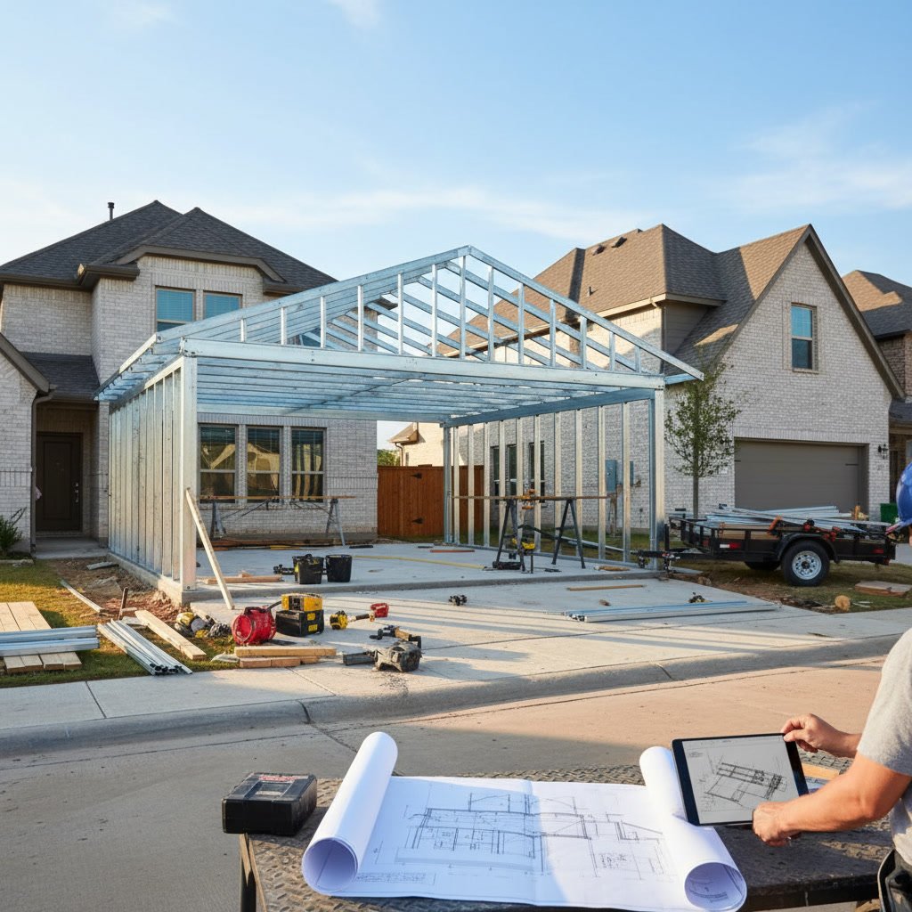 Carport construction frame showing wooden posts and beams in Plano Texas