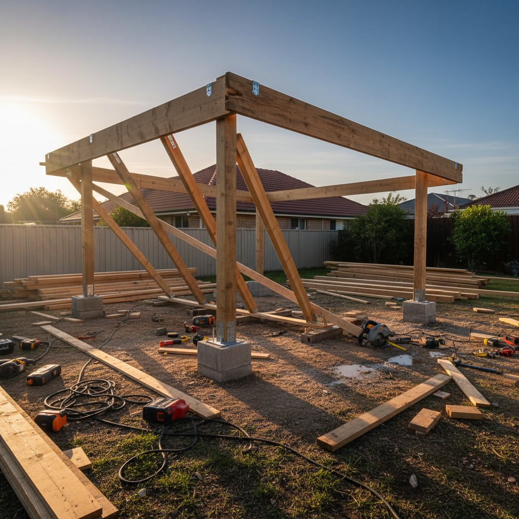 Completed DIY carport with metal roof protecting vehicles in residential Plano driveway