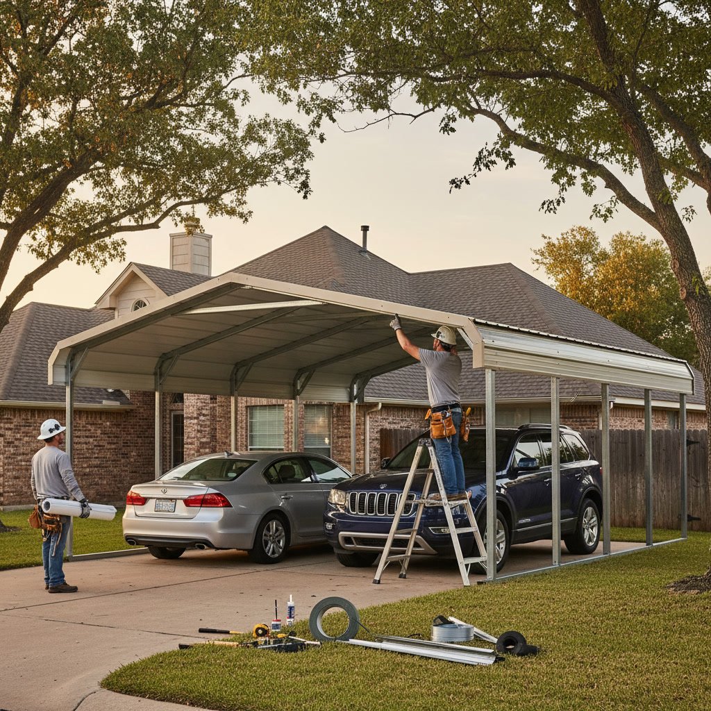 Modern metal carport protecting vehicles in Farmers Branch residential property