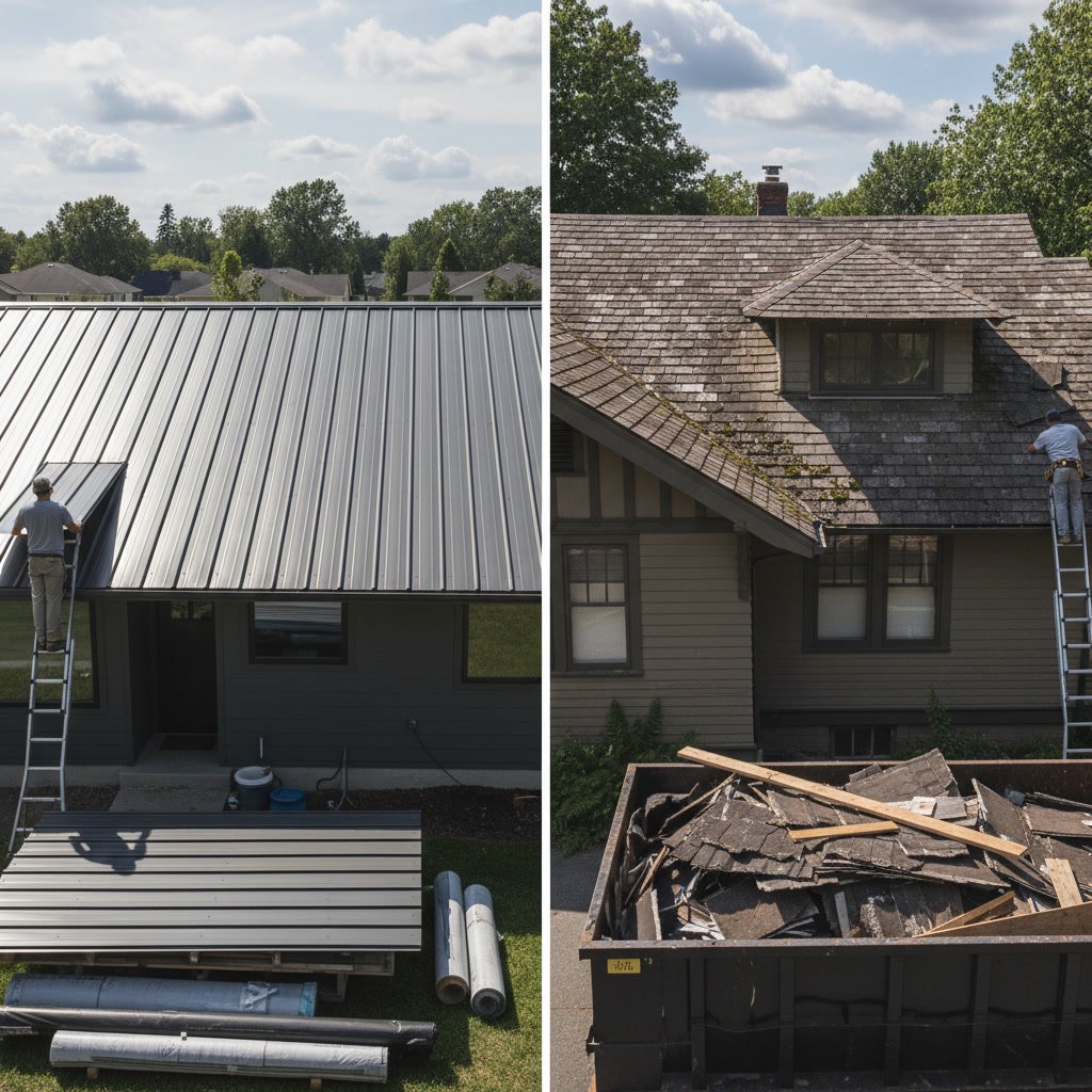 metal roofing panels compared to asphalt shingle samples