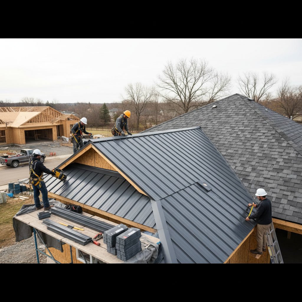 professional roofer installing standing seam metal panels