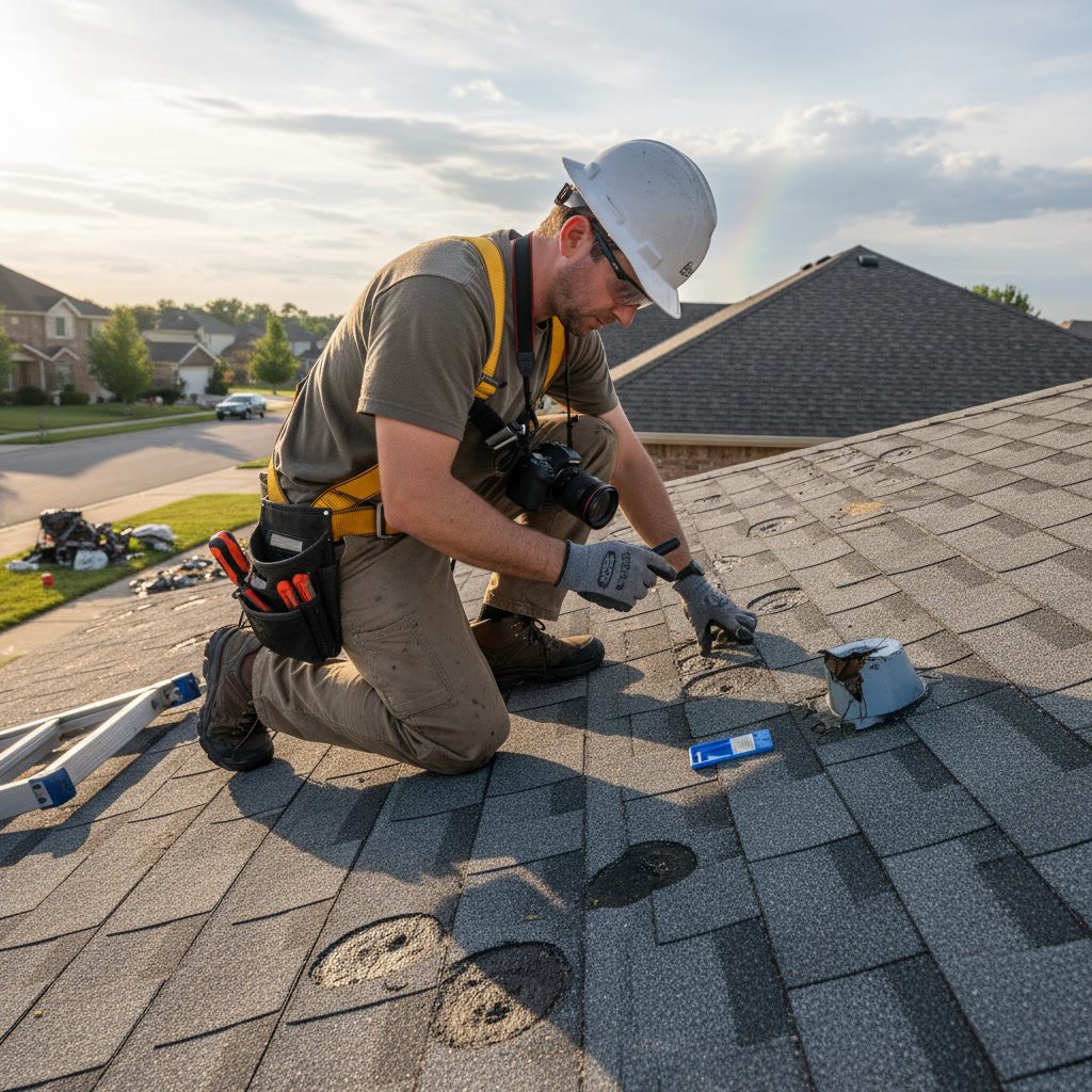 Professional contractor inspecting roof for hail damage with documentation