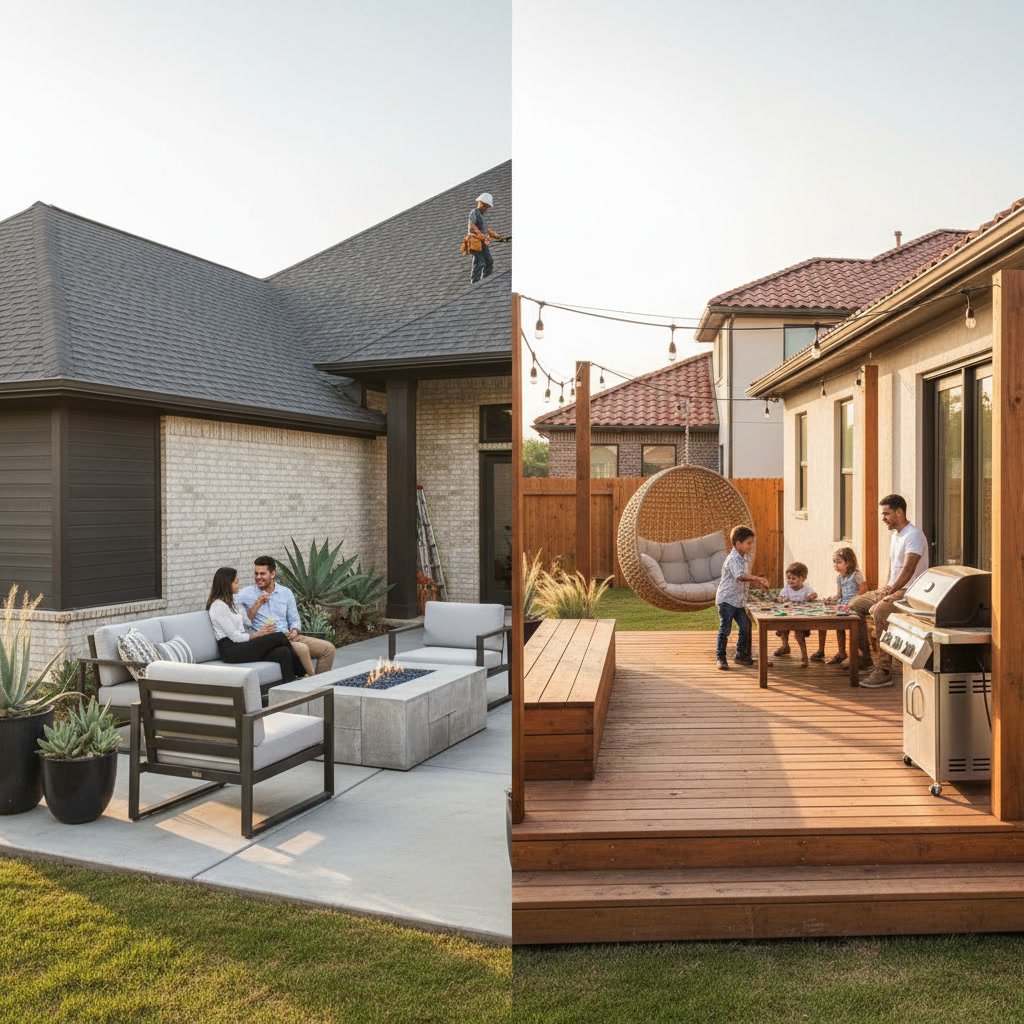 Modern concrete patio and wood deck comparison in Plano Texas backyard
