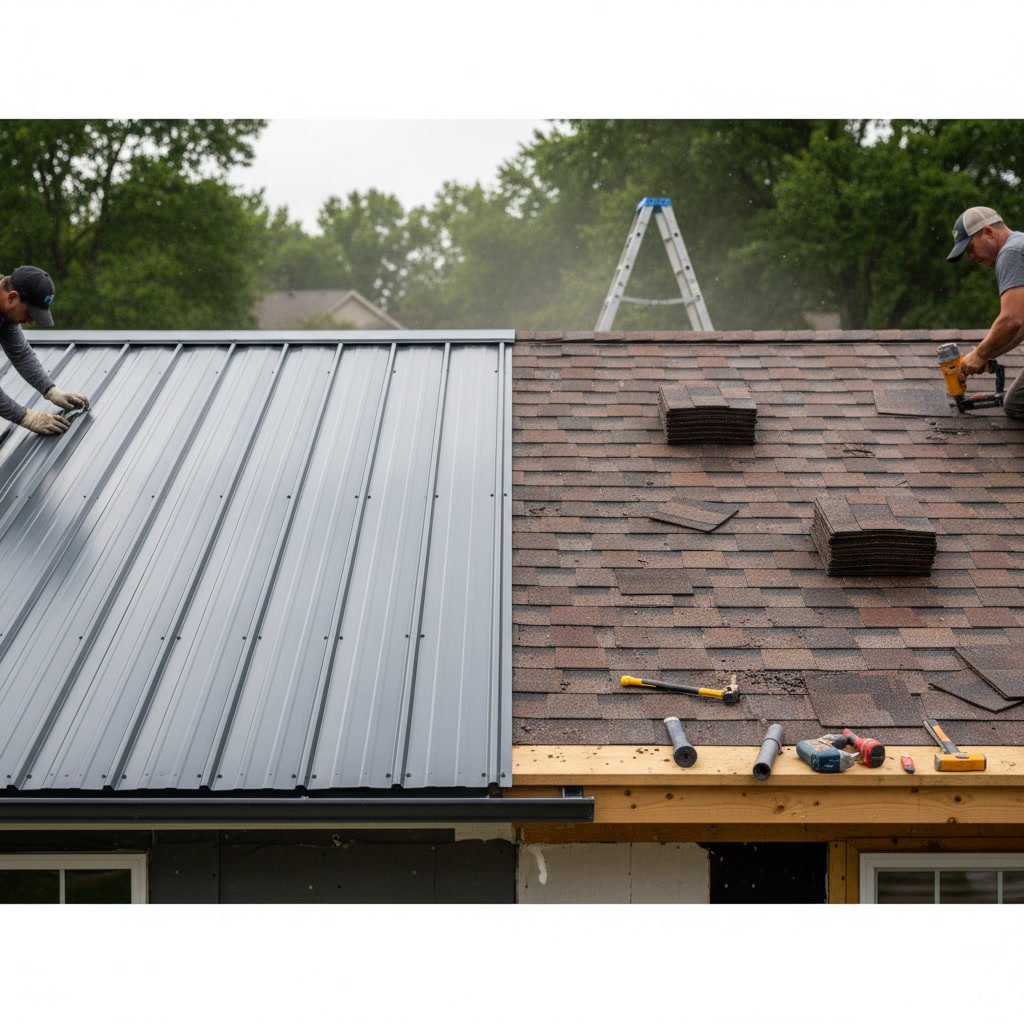side by side comparison of metal roofing and asphalt shingles on residential homes